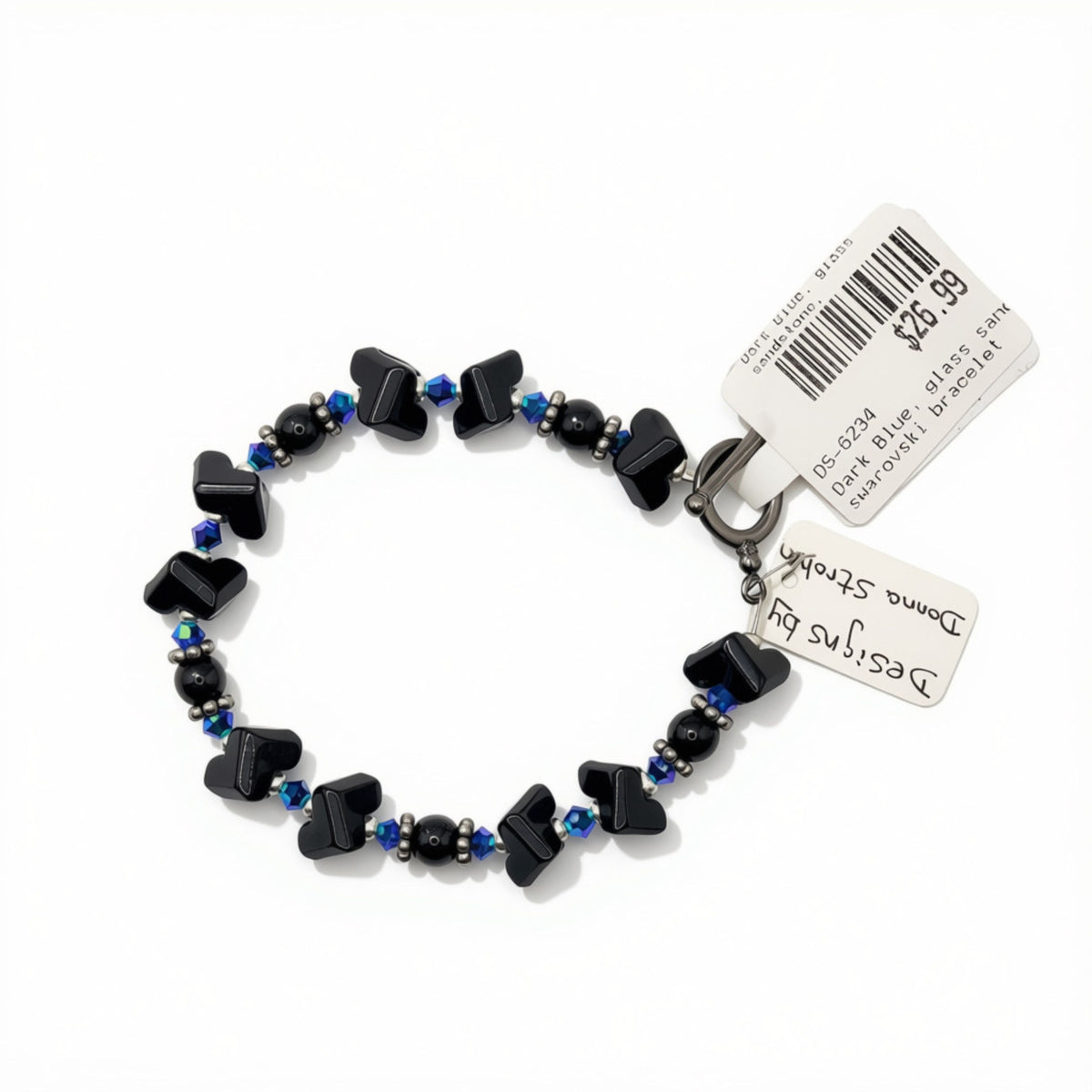 Donna Strohm - Dark Blue Glass, Sandstone, Swarovski Crystal Bracelet - Jewelry