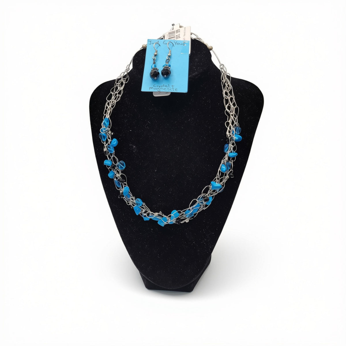 Donna Strohm - Blue and Black Wire Crochet Necklace and Earrings Set - Jewelry